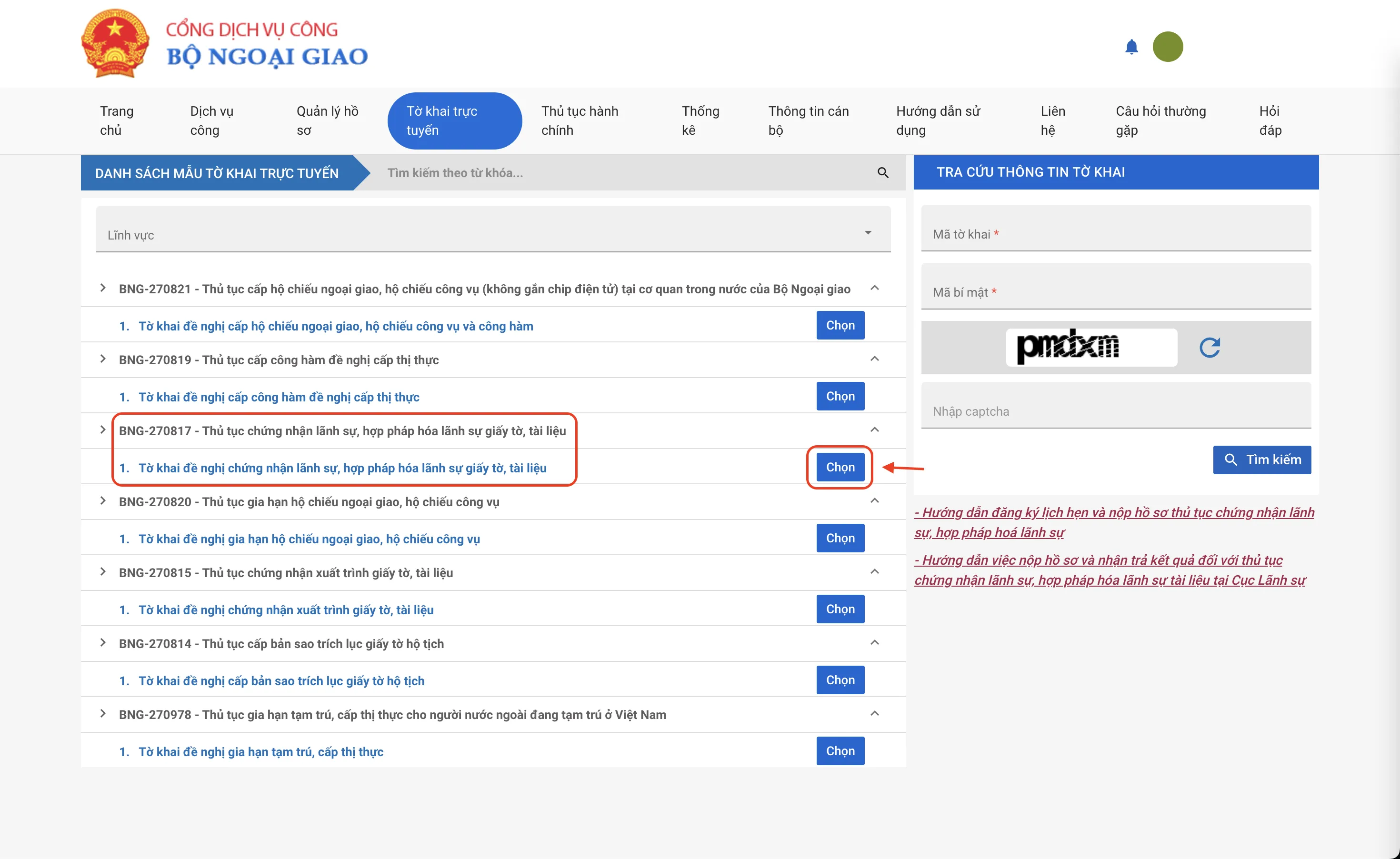 Chọn mục chứng nhận lãnh sự, hợp pháp hoá lãnh sự giấy tờ