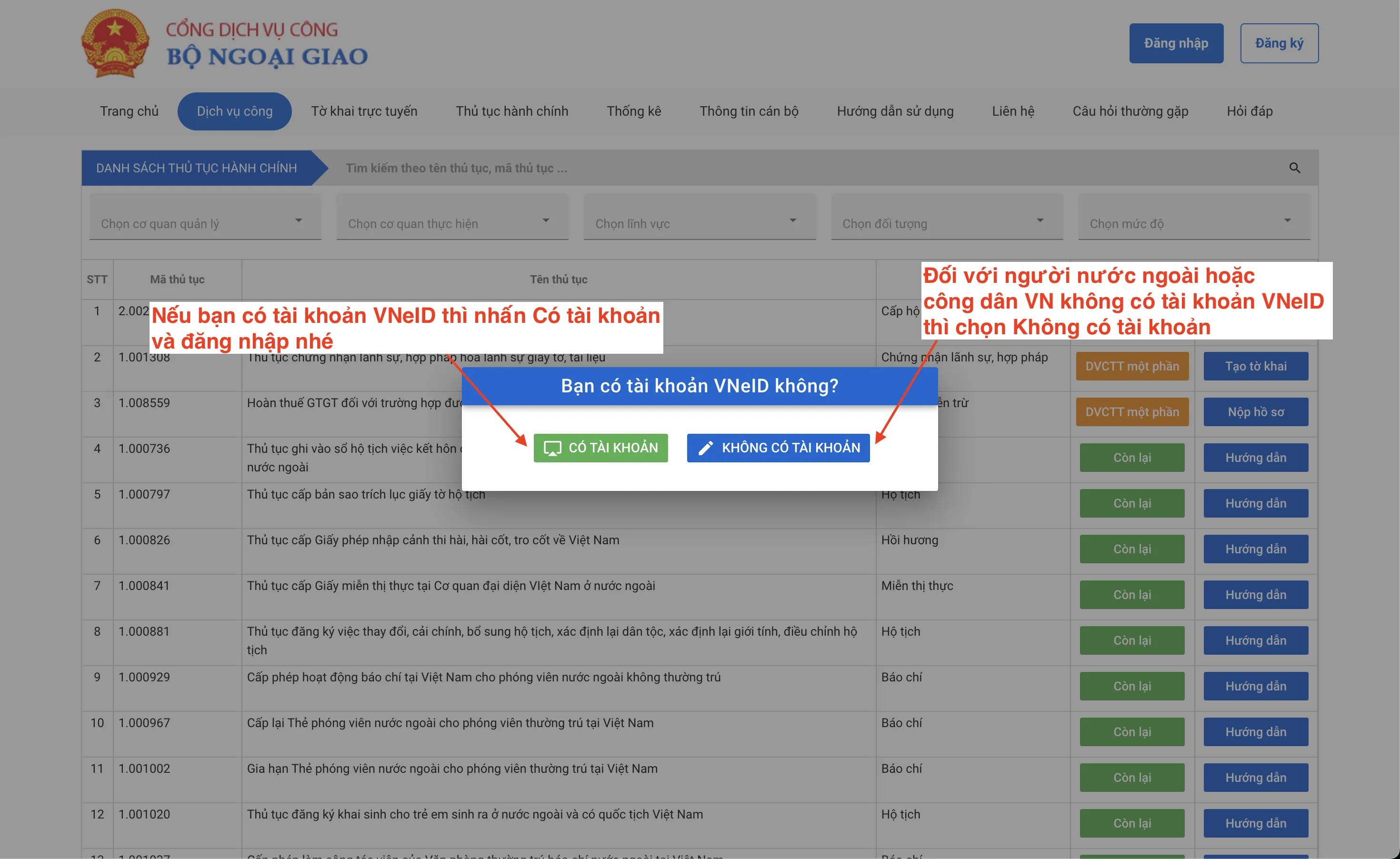 Đăng nhập Cổng dịch vụ công Bộ Ngoại giao