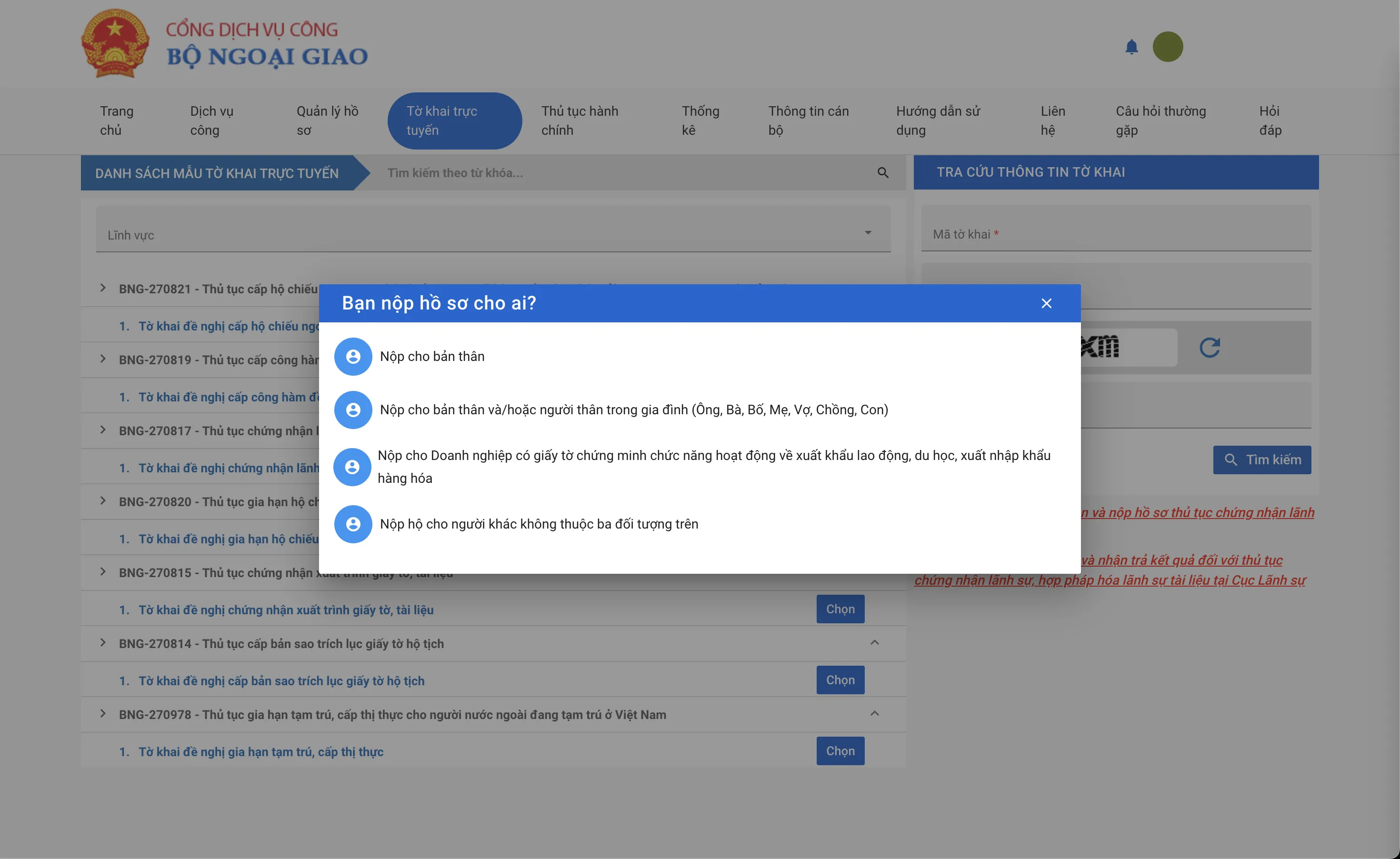 Chọn đối tượng nộp hồ sơ chứng nhận lãnh sự
