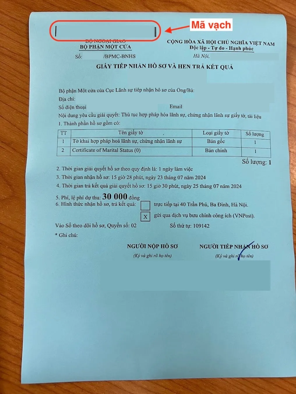 Giấy tiếp nhận hồ sơ và hẹn trả kết quả chứng nhận lãnh sự