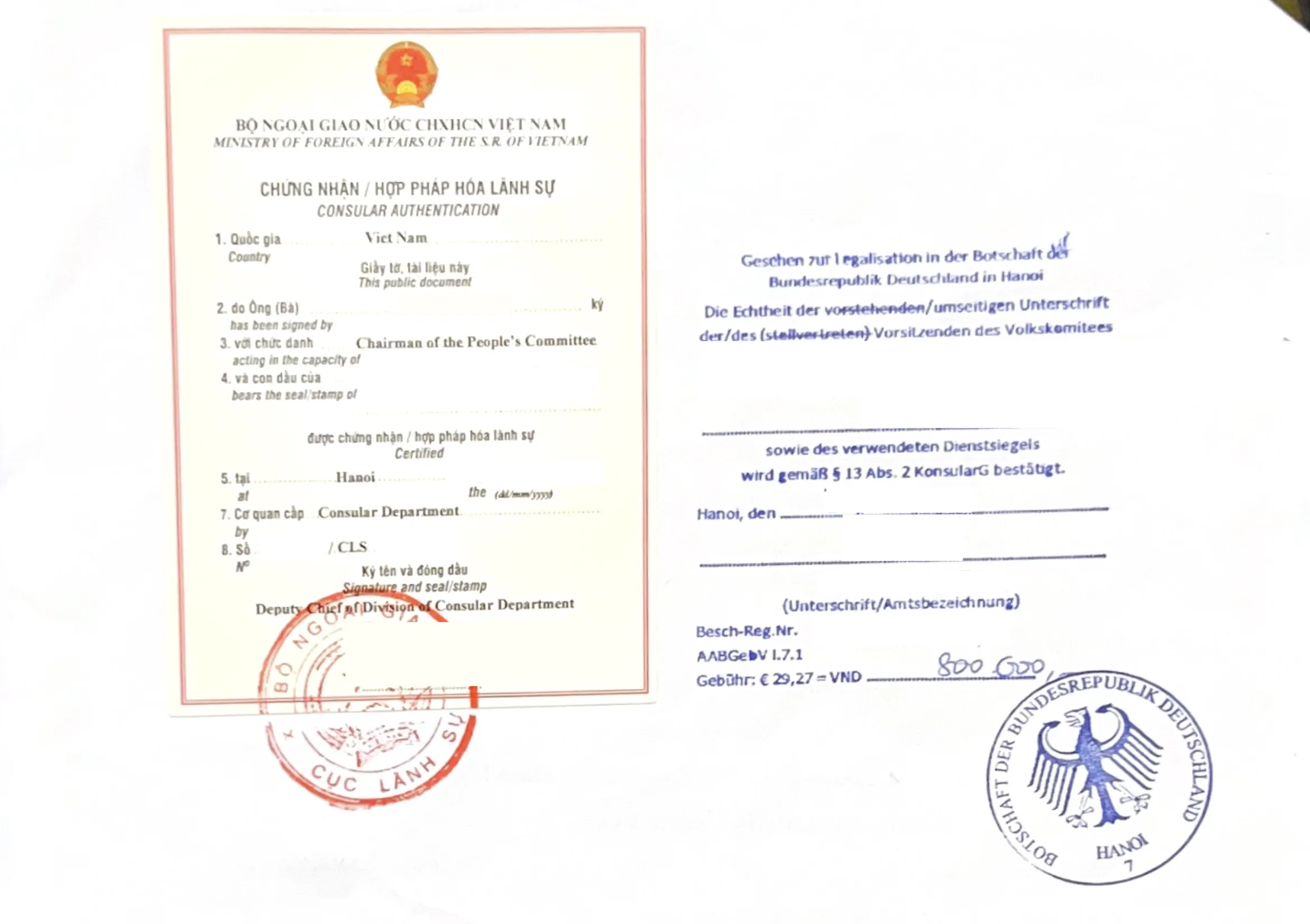 Kết quả hợp pháp hoá lãnh sự giấy tờ Việt Nam để sử dụng tại Đức