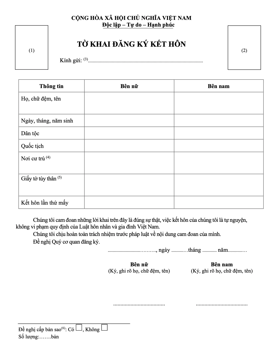 Tờ khai đăng ký kết hôn
